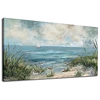 Sea Beach Canvas Wall Art Vintage Seascape Canvas Prints Wall Decor Ocean Sailboat Canvas Pictures Seagull Bird Reed Canvas Painting Artwork for Living Room Bedroom Office Decoration 20
