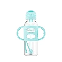 Dr. Brown's Milestones Narrow Sippy Straw Bottle, Spill-Proof with 100% Silicone Handles and Weighted Straw, 8 oz/250 mL, Green, 6m+