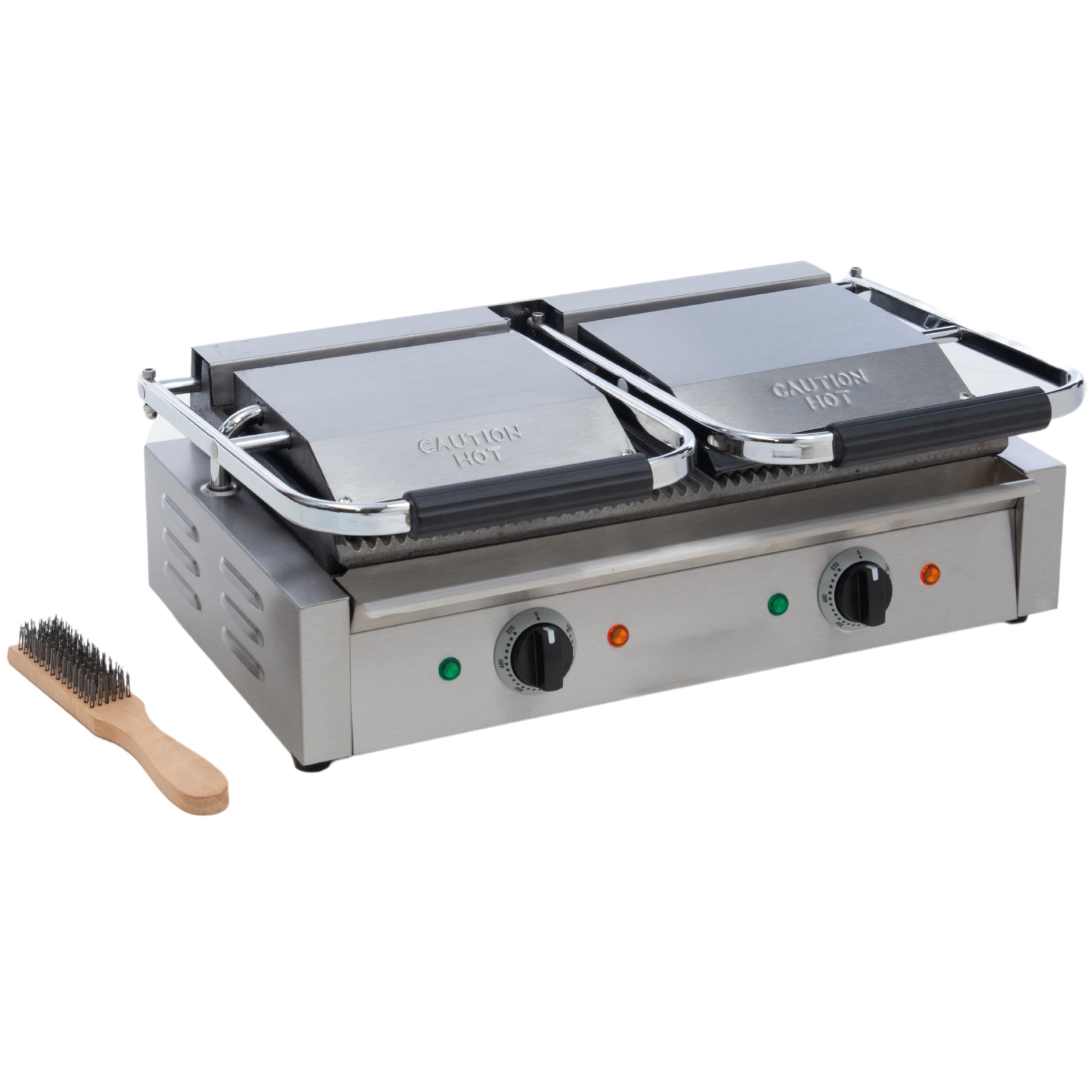 FSE SG-813 Double Electric Sandwich Panini Grill with Cast Iron Grooved Plates, Stainless Steel, Oil Tray, 120v