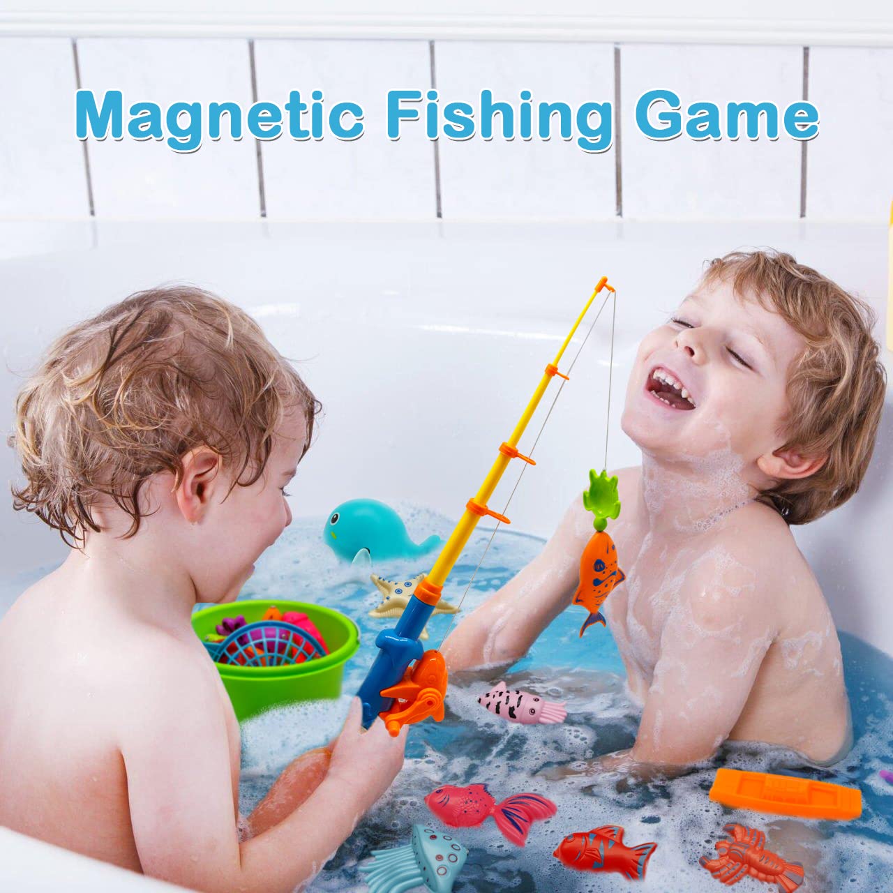 Kiditos Magnetic Fishing Toys Game Set with 4 Bathtub Tub Toys, Swimming Pool Toy, Colorful Ocean Sea Animals, Fishing Pole Rod Net, Fishing Game for Toddler Kids Age 3 4 5 6, 2 -4 Players Gift
