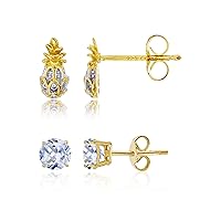 Sterling Silver Yellow Round Cut Cubic Zirconia Pineapple & 5mm Round Solitaire Stud Earring Set