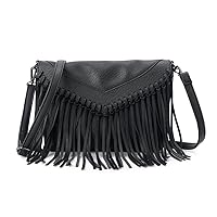 Oweisong Fringe Purse for Women Vintage Leather Black Tassel Shoulder Handbags Hobo Cross Body Bag Satchel