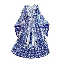 Maxi Dress Women Batwing Sleeve Blue and White Porcelain Printing Bohemian Vacation Designer Summer Dresses