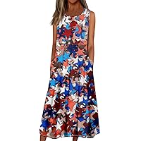 Maxi Dress for Women Boho/Flag Print Short Sleeve Casual Round Neck Long Pleated Dress with Side Pockets