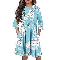 storeofbaby Dress for Girls 3/4 Sleeve A-Line Casual Dresses with Pockets 5-14 Years
