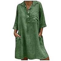 3/4 Sleeve Linen Dresses for Women, 2023 Summer V Neck Dress Trendy Loose Pocket Sundress Casual Relaxed Fit Dress