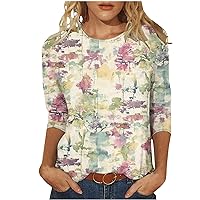 Women Tops 3/4 Sleeve Crewneck Cute Shirts Casual Floral Print Trendy Tee Three Quarter Length T Shirt Summer Pullover