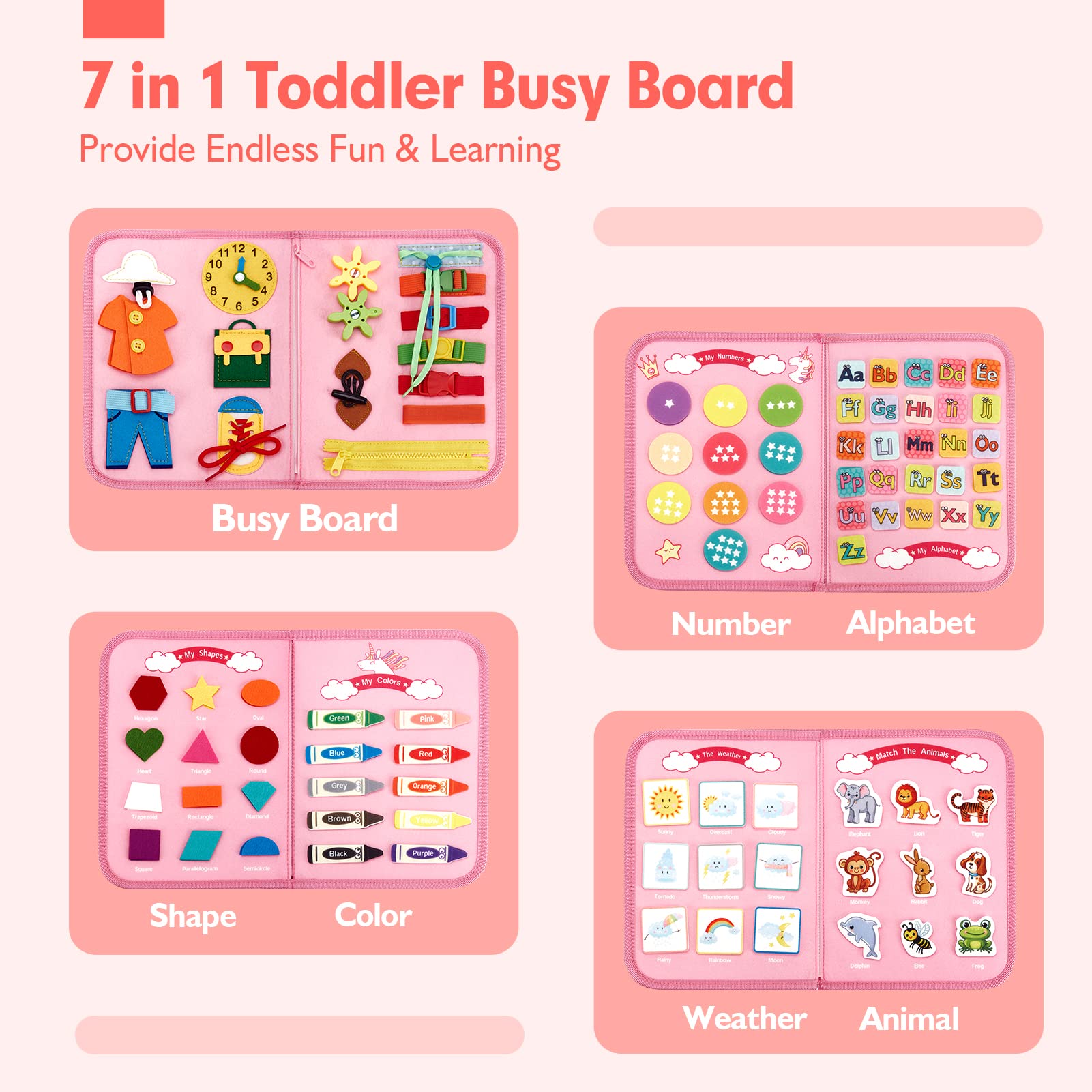 Busy Board for Toddlers Boys Girls Montessori Toys for 2 Year Old - 7 in 1 Preschool Learning Activities Toddler Travel Toys for Ages 2-4 with Life Skill, Alphabet, Number, Shape, Color,Animal,Weather