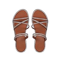 OYOANGLE Women's Rhinestone Strappy Open Toe Slide Sandals Slip on Casual Flat Sandals Coffee Brown 7
