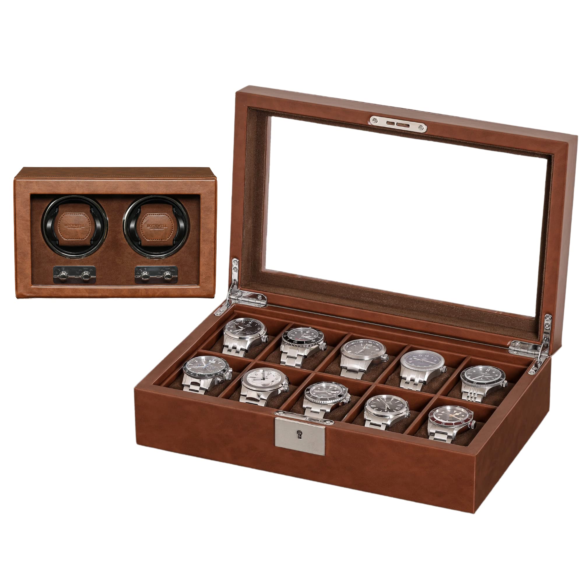 ROTHWELL Gift Set 10 Slot Leather Watch Box & Matching Double Watch Winder - Luxury Watch Case Display Organizer, Locking Men's Jewelry Watches Holder, Men's Storage Boxes Glass Top Tan/Brown