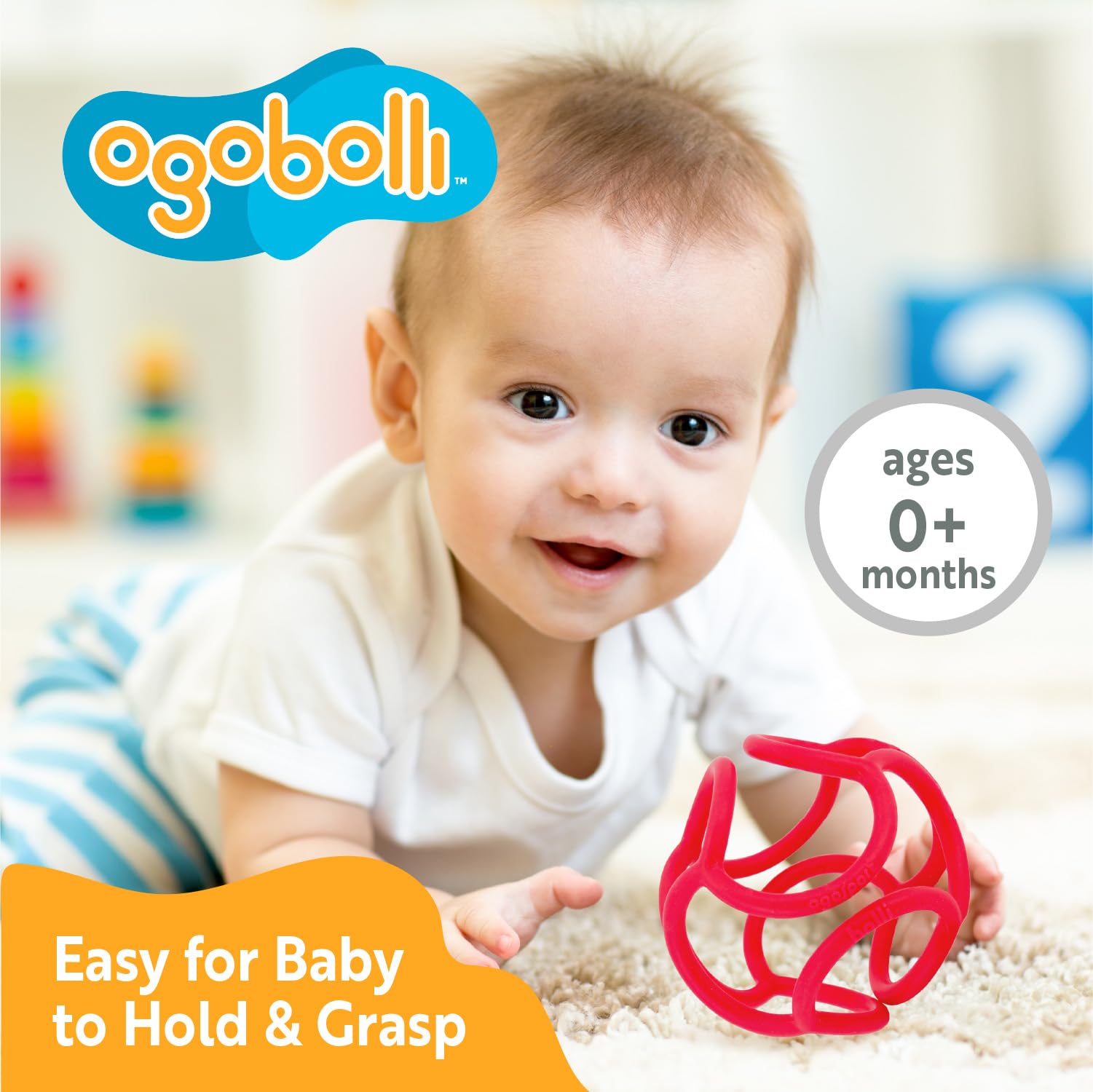 OgoBolli Teether Ring Tactile Sensory Ball Toy for Babies & Toddlers - Stretchy, Squishy, Soft, Non-Toxic Silicone - Boys and Girls Age 6+ Months - Red