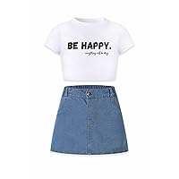 Betusline Girl's 2 Piece Outfit Short Sleeve Crew Neck T Shirt with Denim Short Skirt Set
