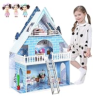 Wooden Dollhouse for Kids Girls, Dream House with Stairs and Accessories, Gift for Ages 3+, Large Doll House in 31.5