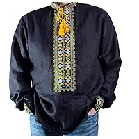 Vyshyvanka Man Black Blue Yellow Ukraine Embroidered Linen Shirt 2XL Gift for HIM