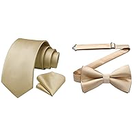 HISDERN Solid Color Ties for Men & Champagne Bowtie Pretied Classic Satin Business Formal Mens Ties for Wedding
