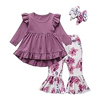 KuKitty Toddler Baby Girl Clothes Solid Color Long Sleeve Ruffle Tops Floral Bell-Bottoms Pants and Headband Outfits Set
