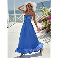 Women's Dress Tie Front Ruffle Hem Cami Dress Summer Dress OROXCO (Color : Blue, Size : X-Small)