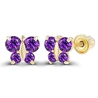 Solid 14K Gold 5mm Butterfly Natural Birthstone Screwback Stud Earrings For Women | 2mm & 2.50mm Round Birthstone | 14K Gold Natural or Created Gemstone Screwback Earrings For Women and Girls