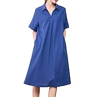 Minibee Women's Linen Shirt Dress Plus Size V Neck Short Sleeve Casual Summer Swing Midi Dresses