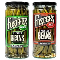 Fosters Pickled Green Beans- Variety Pack- 16oz (2 Pack)- Original and Red Pepper Spicy Pickled Green Beans- Pickled Vegetables Recipe for 30 years- Gluten Free- Fat Free- NO Preservatives