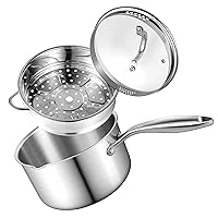 2.5 Quart Stainless Steel Saucepan with Steamer Basket, Tri-ply Full Body, Multipurpose Sauce Pot with Two-Size Drainage Holes Lid, Perfect For Boiling Gravies, Pasta, Noodles