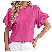 Ruffle Sleeve Tops for Women Casual Summer T-Shirt Elegant Tee Top Plain Round Neck Loose Fit Tee Blouse Tops