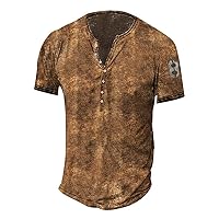 Mens Distressed Henley Shirts Retro Short Sleeve Tee Shirts Casual Button Down Washed Stylish T-Shirts for Men