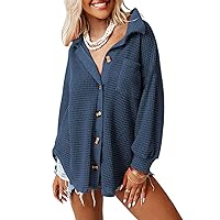 Womens Waffle Knit Shacket Jacket Casual Long Sleeve Button Down Shirts Dressy Blouses Tops