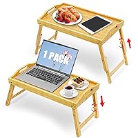 Large Breakfast Bed Tray for Eating - Height Adjustable Raised Food Table - Bamboo Serving Tray on Lap Sofa - Portable Snack Platter with Folding Legs Ideal for Bedroom Picnic - Natural