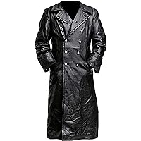 LP-FACON Mens Double Breasted Black Leather Trench Coat - Vintage German Classic WW2 Officer Military Uniform Long Jacket