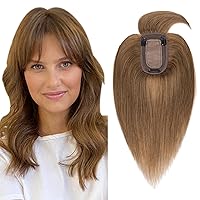 Hair Toppers for Women Real Human Hair, 150% Density Silk Base Clip in Hair Extensions, Short Hair Topper Hair Pieces for Women with Thining Hair, Cover Gray Hair, With Bangs 12 Inch #06
