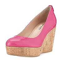 XYD Women Comfort Round Toe Wood Platform Pumps Slip On Patent Wedge Cork High Heel Casual Dress Shoes