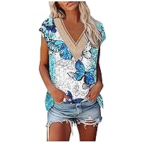 Summer Guipure Lace V Neck Fashion T-Shirts for Women Butterfly Print Cap Sleeve Casual Loose Fit Tee Tops for Daily
