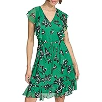 Tommy Hilfiger Women's Fit and Flare Ruffle Sleeve Chiffon Dress, Jolly Green Multi
