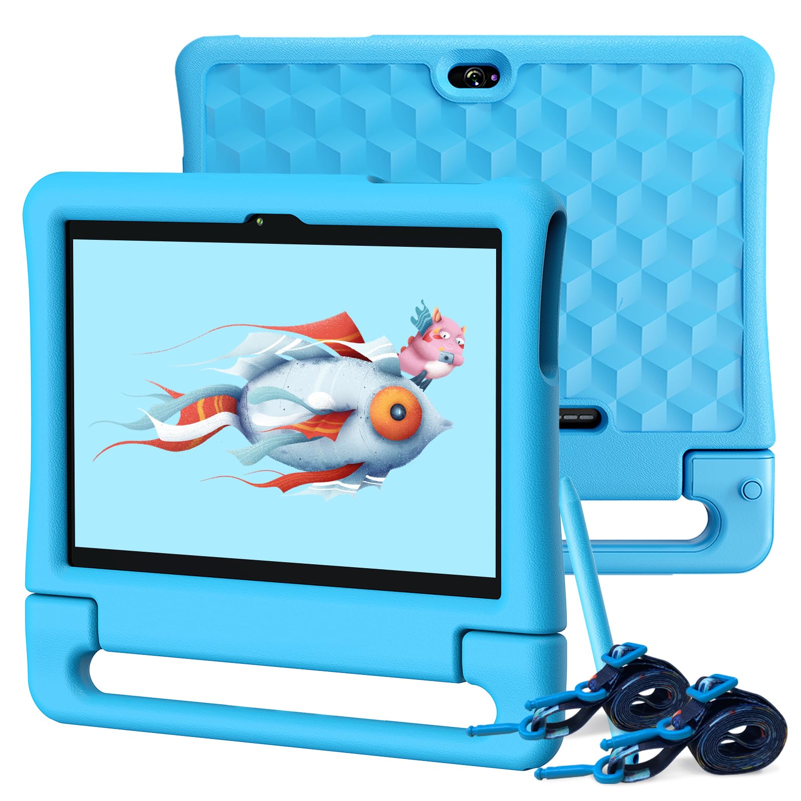 Dragon Touch Kids Tablet 10 inch IPS HD Display Android Tablets with 32GB Storage, 2GB RAM, Quad Core Processor, KIDOZ Pre-Installed, Kid-Proof Case, Shoulder Strap and Stylus, WiFi Only – Blue