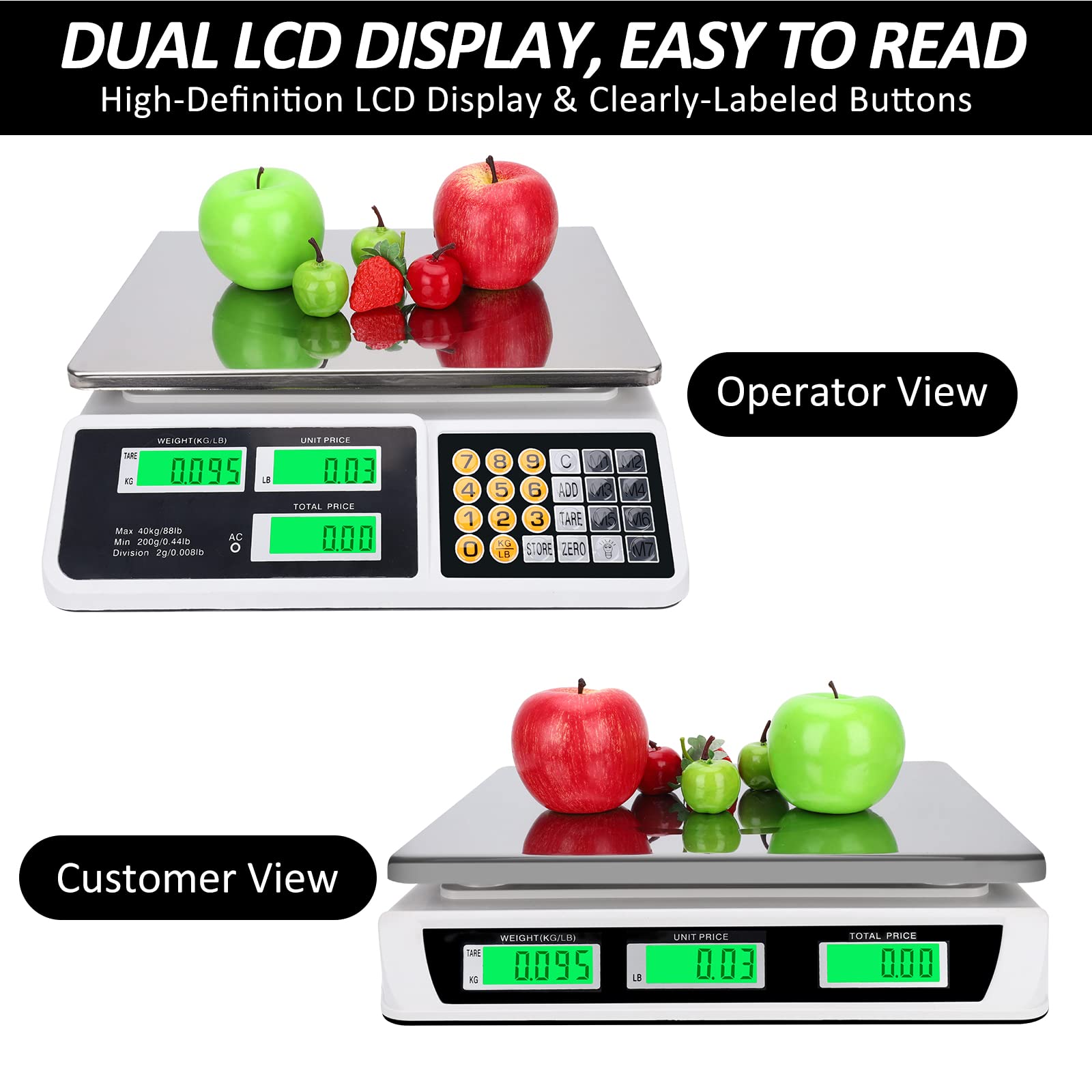 Digital Commercial Price Scale 88lb/40kg Price Computing Scale, Food Produce Counting Weight Scale with Dual LCD Display for Farmers Market, Retail Outlets, Meat Shop, Deli