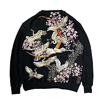 Red-Crowned Crane Cherry Blossoms Embroidered Chinese Style Men Pullover O-Neck Long Sleeve Tops