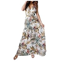 Wedding Dress Sleeveless Summer Floral Casual Wrap V Neck Ruffle Pleated Hem Swing Women A-line Midi Sun Dress