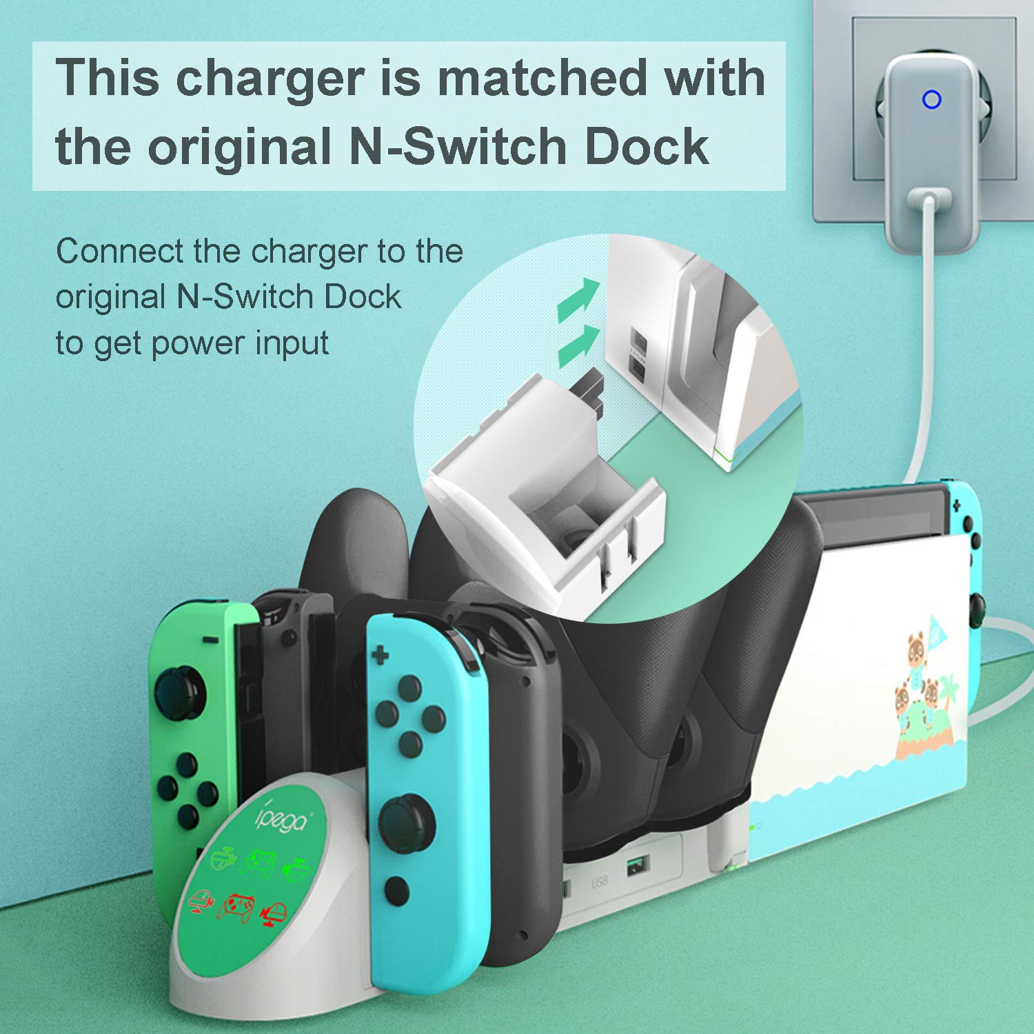 Charger Station for Switch Joy Cons and for Pro Controllers Charging Dock with USB 2.0 Plug and Ports, Only for Switch Pro Controller