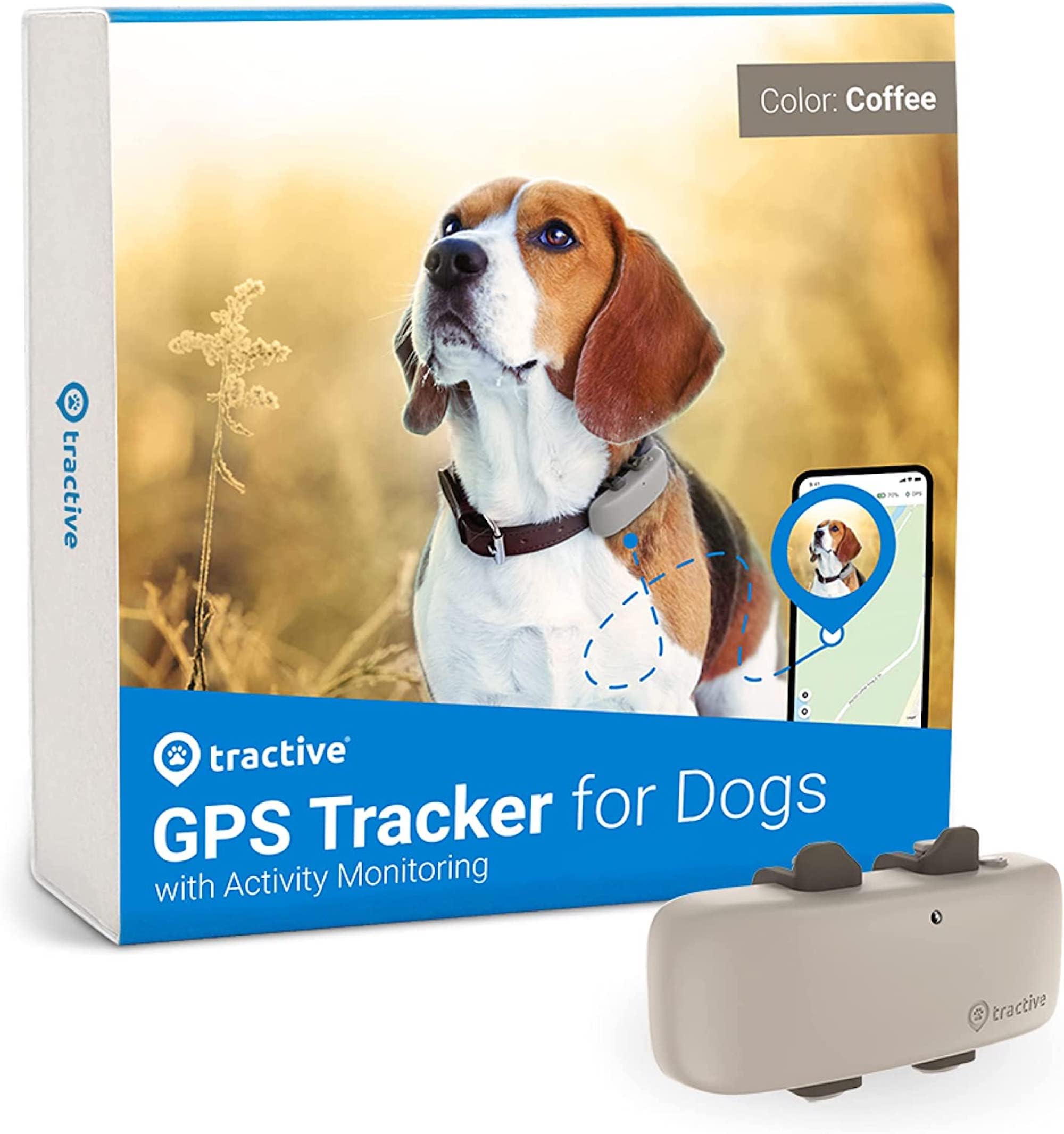 tractive GPS Tracker for Dogs - Waterproof, GPS Location & Smart Pet Activity Tracker, Unlimited Range, Works with Any Collar (Coffee)