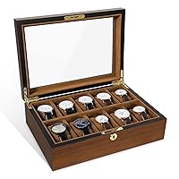 Uten Watch Box with 10 Slots, Watch Case Organizer with Golden Lock and Key, Wooden Watch Display Storage Box with Removable Watch Cushions, Velvet Lining, Metal Clasp, Gift for Men & Women