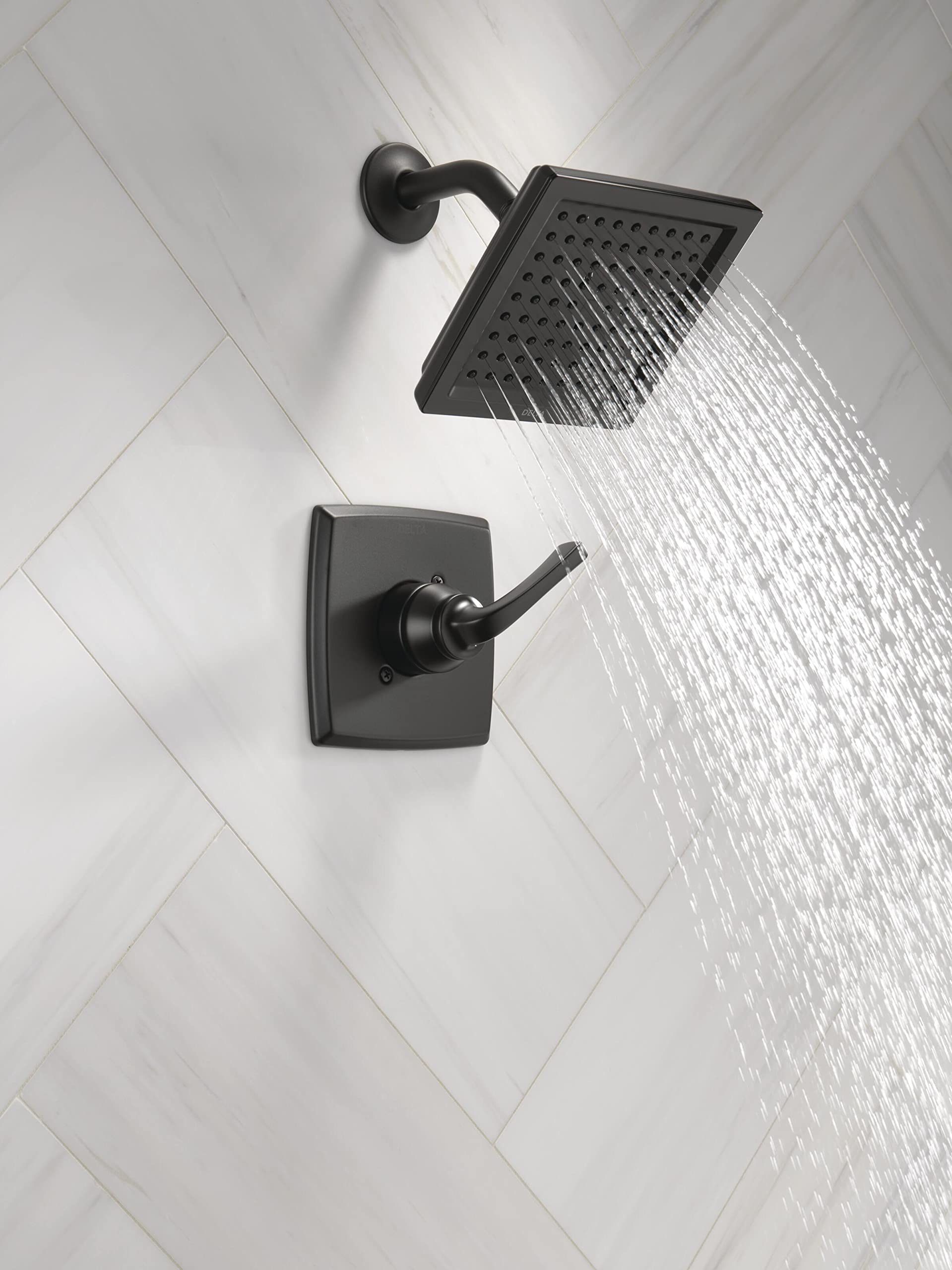 Delta Faucet Geist 14 Series Black Shower Faucet, Shower Trim Kit with Single-Spray Matte Black Shower Head, Shower Faucet Set Complete, Matte Black 142864-BL (Valve Included)