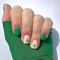 St. Patrick's Day Press on Nails Short Square Fake Nails Green Glue on Nails Four Leaf Clover False Nails with Acrylic Nails Full Cover Glossy Stick on Nails Artificial Nails for Women Girls