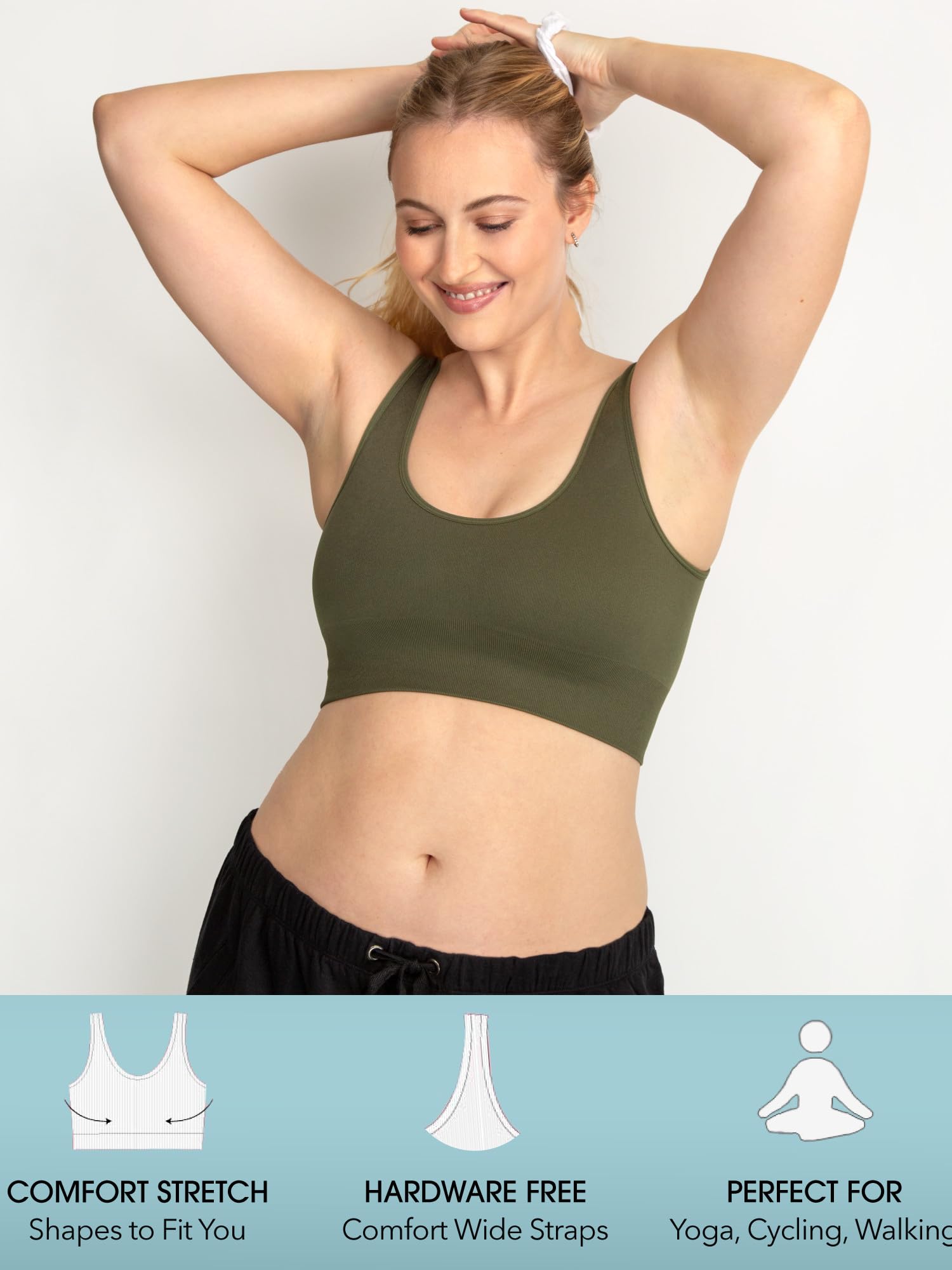 Fruit of the Loom Women's 360 Stretch Longline Sport, Comfortable Wireless Bras, Seamless Full-Coverage for a Natural Shape