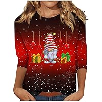 Women's 2023 Christmas Printed Blouse, Elegant 3/4 Sleeve Tops for Women Cute Crew Neck Top Trendy Plus Size Cotton Blouses