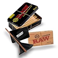 RAW Black 1 1/4 Cones | 20 Pack | in Tin Box + Cone Loader for 1¼ Cones