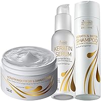 Vitamins Keratin Thick Hair Mask, Serum and Shampoo Kit - Deep Conditioner for Dry Damaged Thick Coarse Hair, Anti Frizz Gloss Boost Serum and Protein Shampoo Set - Pro Enhancing At-Home Hair Therapy