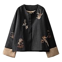 Women Jacket Silk Fragrant Cloud Yarn Floral Bird Embroidery Crew Neck Long Sleeve Black Retro Top 121