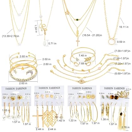 AROIC 38 PCS Gold Jewelry Set with 4 PCS Necklace,10 PCS Bracelet,24 PCS Layered Ball Dangle Hoop Stud Earrings for Women Girls Fashion and Valentine Birthday Party Gift