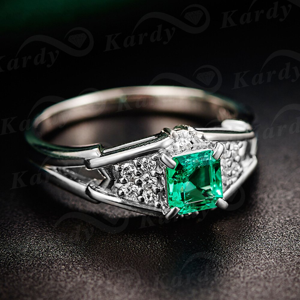 Vintage Antique Princess Cut Natural Columbia Emerald Gemstone 14k White Gold Diamond Wedding Daily Wear Ring For Women